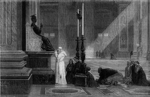 Pave Pius IX (1792-1878) bad nær statuen af Skt. Peter i Peterskirken i Rom. Gravering fra "" Rom: beskrivelse og souvenirs"" af Francis Wey, år 1870. af French School