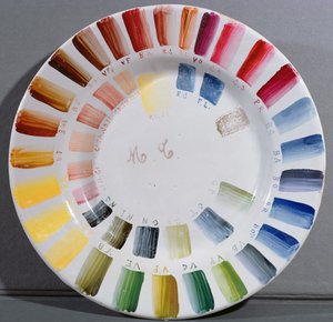 Porcelænsproducenters plade med et farvekort (porcelæn)