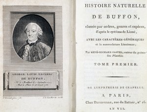 Portræt af Buffon og titelbladet til "Natural History of Buffon" klassificeret efter ordener, slægter og arter i henhold til Linné-systemet af French School