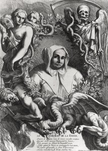 Portræt af Catherine Monvoisin (La Voisin) (1640-80) (gravering) (bw foto) af French School