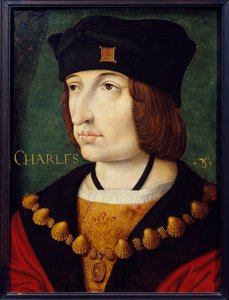 Portræt af Charles VIII (1470-1498), søn af Louis XI. Maleri af den franske skole i det 16. århundrede af Jean Perreal. Svag. 0,36x0,27 m. Musee Conde, Chantilly af French School
