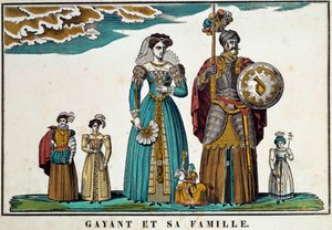 Portræt af Gayant, en kæmpe, der symboliserer byen Douai, sammen med sin familie: hans kone, Marie Cagenon, og hans tre børn, Jacquot, Fillon og Binbin. 18. århundredes gravering, billedkunst af Belfort. Ferrand-samlingen af French School