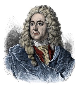 Portræt af John Law (1671 - 1729) finansinspektør, skotsk finansansvarlig for konkursen (Event of The Rue Quincampoix) - gravering fra "" L