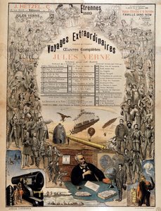 Portræt af Jules Verne og scener fra hans værker - Reklameplakat for hans samlede værker af French School
