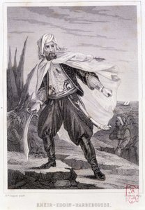 Portræt af Kheir - Eddin - Barberousse, tyrkisk pirat fra det 16. århundrede - i "" History of the pirates and the corsairs of the Ocean and the Mediterranean"" af P. Christian, Paris, D. Cavaillés ed., bind 1 af French School