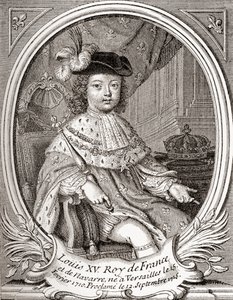 Portræt af Ludvig XV som barn, 1710 1774. Bourbonmonark, der regerede som konge af Frankrig og Navarra. Fra Les Heures Libres udgivet 1908. af French School