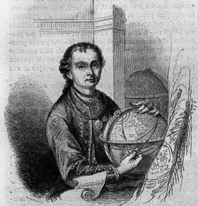Portræt af Pierre (Peter) Anich (1723-1766), tyrolsk astronom og kartograf, med en globus og et kompas. Gravering i "" Le Magasin maleriske"" af French School