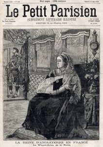 Portræt af dronning Victoria af England (1819-1901), der rejser gennem Frankrig i sin vognsalon. Forsiden af den franske avis Le petit Parisien. 21. marts af French School
