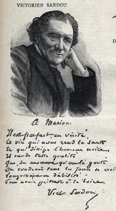 Portræt af victorianske Sardou (1831-1908), dramatiker, i "Le Petit Parisien"" af French School