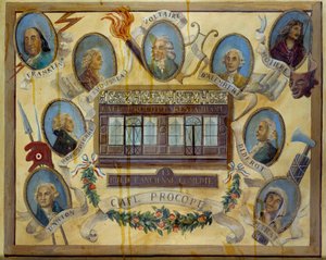 Portræt af historiske personer og udsigt over den parisiske café Le Procope: Benjamin Franklin, Jean Jacques Rousseau, Voltaire, Jean D