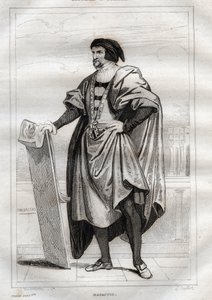 Portræt af den italienske maler Masaccio (Tommaso di Giovanni Cassai) (1401-1428) - Indgravering fra "" Italy Picturesque" - Historisk og beskrivende maleri af Italien" af M. de Norvins, Ch. Nodier 1834-1836. af French School