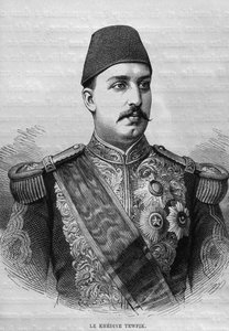 Portræt af Khedive Tawfig (1819-92), fra LEgypte af Georg Moritz Ebers (1837-98), 1881 (bw gravering) af French School