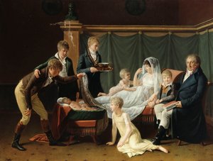 Portræt af markisen og markisen de Cramayel og deres syv børn i et interiør, af French School