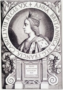 Portræt af dronningen af Frankrig Anne af Bretagne (1477-1514). Gravering fra "Louis XII et Anne de Bretagne" af Paul Lacroix, red. Georges Hurtrel af French School