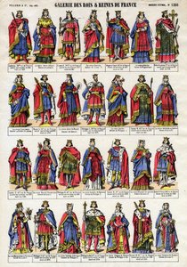 Portræt af kongerne og dronningen af Frankrig fra Capetian-dynastiet (Capetian-dynasti) fra Lothaire (941-986) til Ludvig X. Hutinen (1289-1316). Epinal billeddannelse fra slutningen af det 19. århundrede. Privat samling. af French School
