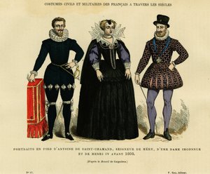 Portrætter før 1600 af Antoine de Saint Chamand, herre over Mery sur Oise, og af den franske konge Henrik IV (1553-1610), der omgiver en ukendt kvinde. Stik i farver efter tegning af Gaignieres, i "France et les francais à travers les siecles" af French School