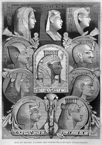Portrætter af det gamle Egyptens dronninger og konger, fra LEgypte af Georg Moritz Ebers (1837-98), 1881 (bw gravering) af French School