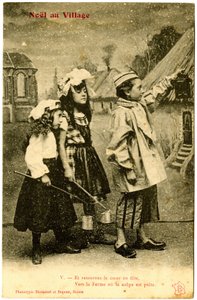 Postkort: Jul i landsbyen, Og gør hjertet til en fest, til gården hvor suppen er klar. Fototype Bienaimé og Dupont, Reims (trykt papir) af French School