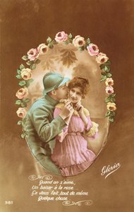 Postkort, der forestiller en fransk soldat og hans elsker, 1914-18 (farvet foto) af French School
