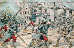 Postkort, der forestiller det franske infanteri, der forsvarer Champenoux af French School