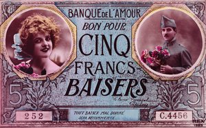 Postkort i form af en kupon på fem kissesfrancs fra Bank of Love, 1914-18 af French School