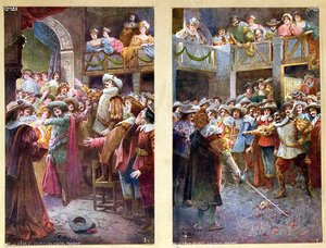 Postkort, der forestiller Cyrano de Bergerac og duellen på Hotel de Bourgogne, ca. 1900 af French School