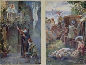 Postkort, der forestiller Cyrano de Bergerac med Roxanne og Christians død, ca. 1900 af French School