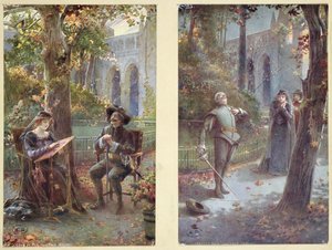 Postkort forestillende Cyrano de Bergerac med Roxanne, ca. 1900 af French School
