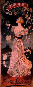 Plakat, der reklamerer for en forestilling af Yvette Guilbert, på Scala, Paris (farve litho) af French School