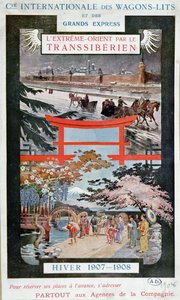 Plakat, der reklamerer for den transsibiriske jernbane, vinteren 1907-8