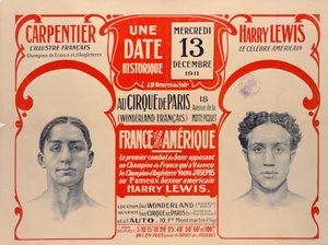 Plakat, der reklamerer for boksekampen mellem Carpentier og Harry Lewis, 1911