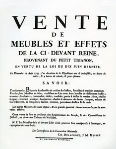 Plakat, der annoncerer for salg af Marie-Antoinettes møbler og effekter den 25. august af French School