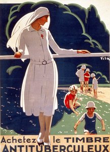 Plakat for "Køb TB plasteret" udgivet af Landsudvalget for Forsvar mod Tuberkulose. Lithograhie 1917. af French School