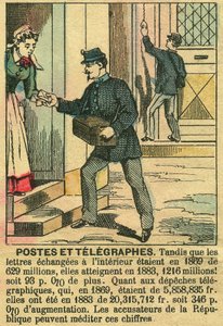 Poster og telegrafer, der illustrerer den gode funktion af telekommunikation og postvæsen takket være republikken. Gravering, i "" Le Figaro, supplement"", den 30/03/1889, Paris. Saml. Selva. af French School