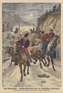 Forberedelser til tyrefægtningerne for at fejre brylluppet af kong Alfonso XIII af Spanien (farve litho) af French School