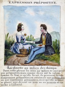 Præpositivt udtryk (Dinetten i midten af ​​markerne) - grammatikbog i billeder, ca. 1850 af French School