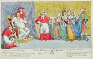 Præsentation af hopperne til den hellige fader, karikatur af introduktionen af Adelaide (1732-1800) og Victoire de France (1733-99) til paven, 17. april 1791 af French School