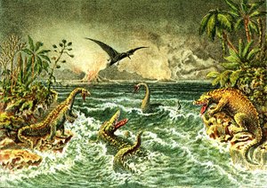 Primitiv verden (med dinosaurer) - sekundær forhistorieperiode af French School