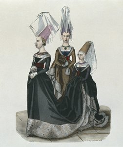 Prinsesse og ventedamer i 1470, graveret af Gautier af French School