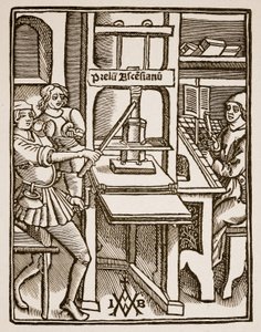 Trykpresse, titelblad af Hegesippus, trykt af Jodocus Badius Ascensius, Paris, 1511 (sepia foto) af French School