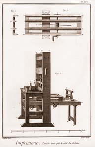 Trykning: presse set ved siden af ​​indersiden - "" The Great Encyclopedia, or Reasoning Dictionary of the Sciences, Arts and Professions"" af Denis Diderot (1713-1784) og Jean d