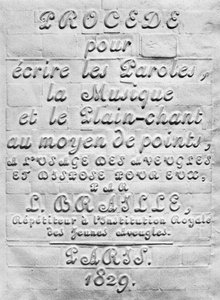 Proces til at skrive ordene, musikken og almindelig sang ved hjælp af prikker, til brug for blinde og arrangeret til dem af Louis Braille, 1829 af French School