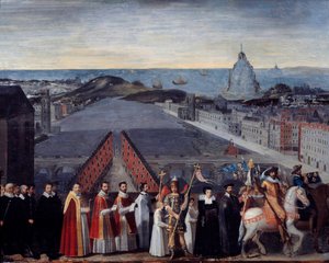 Procession af den parisiske marmelade af pelerinerne fra Saint Michel du Mont sur le Pont Neuf Anonym maleri. 17. århundrede. Dim 0,80 x 1,05 m Paris, Musee Carnavalet af French School