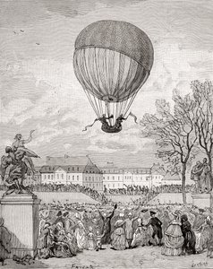 Professor Jacques Charles og Nicolas-Louis Robert flyver med verdens første bemandede brintballon den 1. december 1783 i Tuilleries Gardens, Paris, fra 
