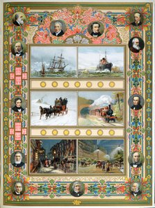 Fremskridt under dronning Victorias regeringstid (1819-1901). Sejlskibe, dampskibe, damptog og gas og elektrisk gadebelysning, 1887 af French School