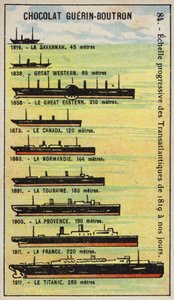 Progressiv stigning i størrelsen af transatlantiske skibe fra 1819 til 1911 (chromolitho) af French School