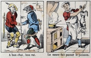 Ordsprog i billeder af Epinal: "" En god kat, god rotte"" og "" Saucen passerer fisken"" - billede af Epinal, n.d. af French School