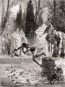 Publius Vedius Pollio, Roman equestrian, feeding a slave to his lamprey eels, from Les Merveilles de la Science, published c.1870dani af French School