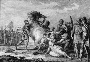 Straf af Brunehaut, 613: Brunehaut eller Brunehilde (543-613), dronning af Austrasia, er knyttet til halen på en ukuelig hest, før den bliver slæbt til jorden. Stik af det 18. århundrede. af French School