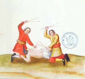 Punishment with Sticks, fra Voyage en Russie, 1731 (pen & blæk og wc på papir) af French School